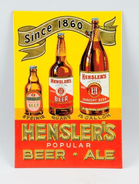1940S HENSLERS BEER DEBOSSED TIN SIGN.           