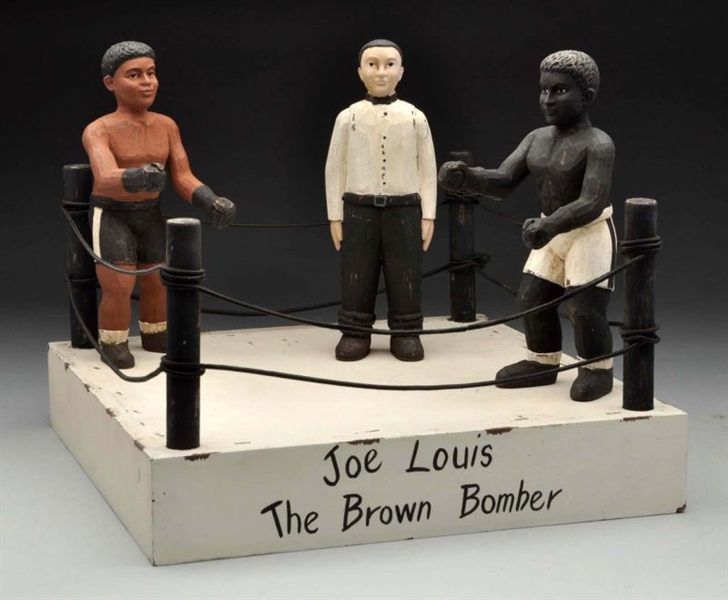 MODERN JOE LOUIS HAND-CARVED BOXING SCENE.        
