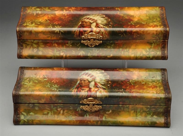 2 CELLULOID DRESSER BOXES WITH NATIVE AMERICANS.  