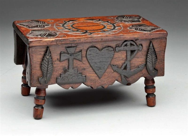 HAND-CARVED FOLK ART WOODEN COIN BOX TABLE.       