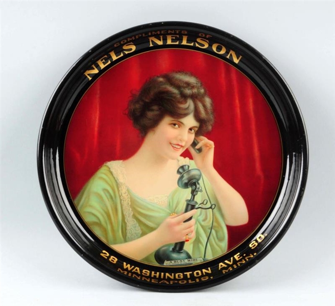 ADVERTISING TRAY WITH WOMAN & CANDLESTICK PHONE.  