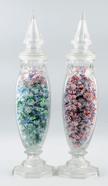 LOT OF 2: MATCHING GLASS CANDY CONTAINERS.        