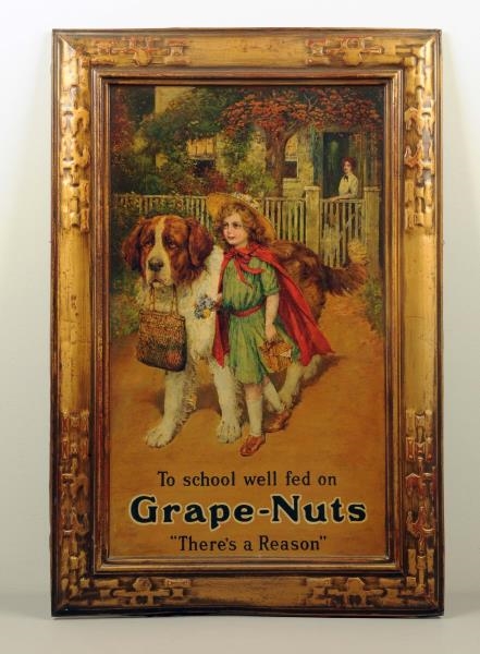 1915 GRAPE-NUTS SELF FRAMED TIN SIGN.             