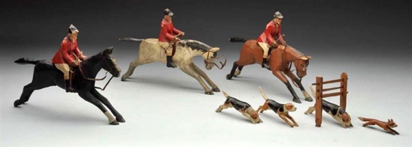 LOT OF HAND-CARVED WOODEN FOX HUNT FIGURES.       
