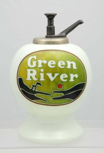 GREEN RIVER MILK GLASS SYRUP DISPENSER.           