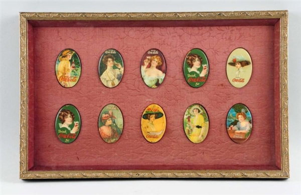 FRAMED GROUP OF 10 COCA-COLA POCKET MIRRORS.      