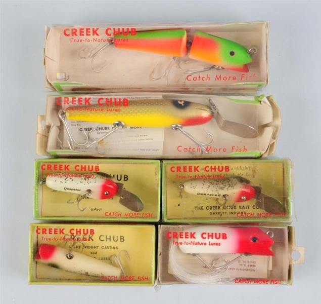LOT OF 6 "CREEK CHUB" BAITS IN BOXES.             