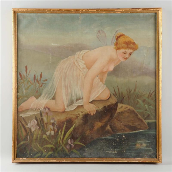 FRAMED PAINTING OF TOPLESS WOMAN OVER WATER.      