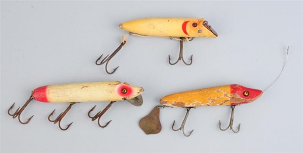 LOT OF 3:  HEDDON RED AND WHITE BAITS.            