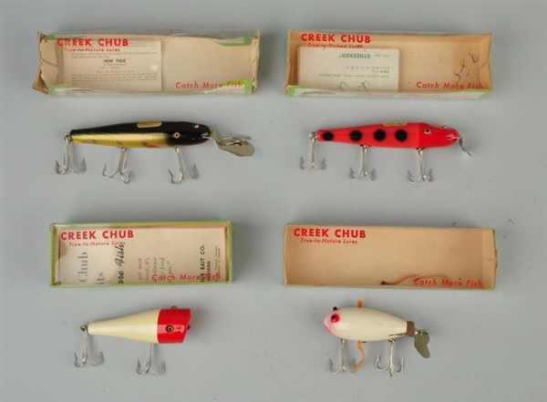 LOT OF 4:  CREEK CHUB LURES IN BOXES.             