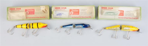 LOT OF 3: CREEK CHUB JOINTED PIKIE MINNOWS BOXED. 