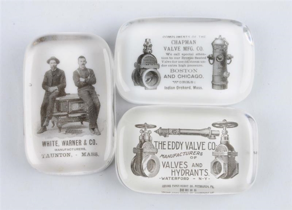 LOT OF 3: EARLY GLASS ADVERTISING PAPERWEIGHTS.   