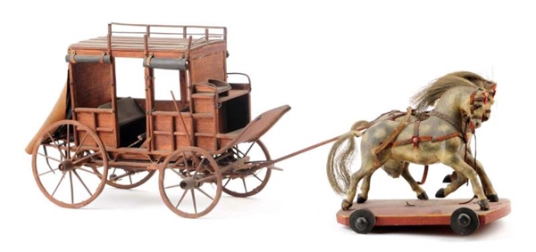 ANTIQUE WOODEN HORSE & STAGECOACH PULL TOY.       