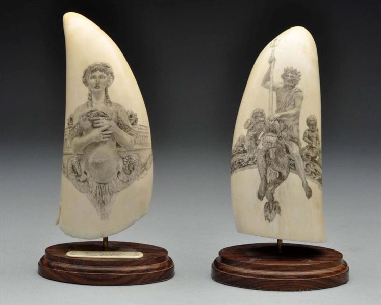 LOT OF 2: WHALE TOOTH SCRIMSHAW PIECES.           