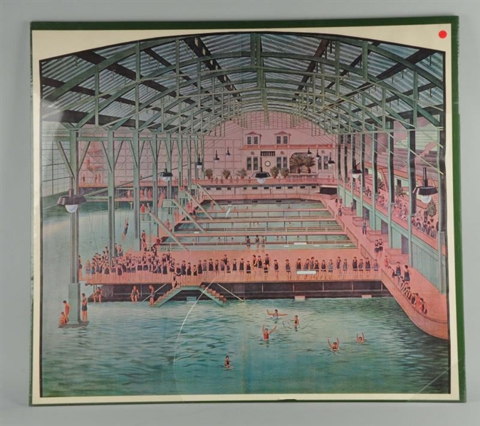 PRINT OF SWIMMERS AT LARGE INDOOR POOL.           
