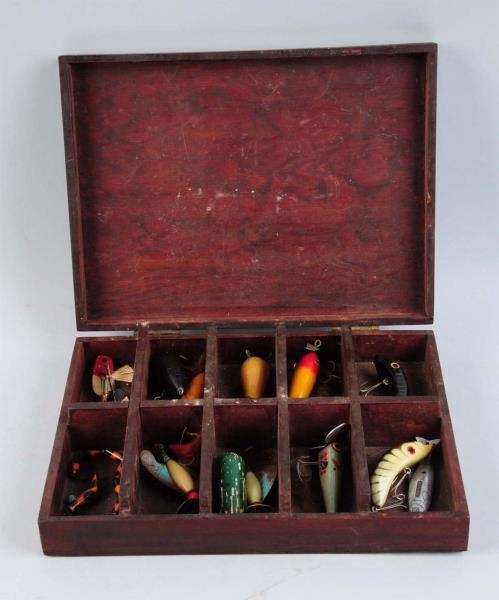 LOT OF 17: WOOD BOX AND BAITS..                   