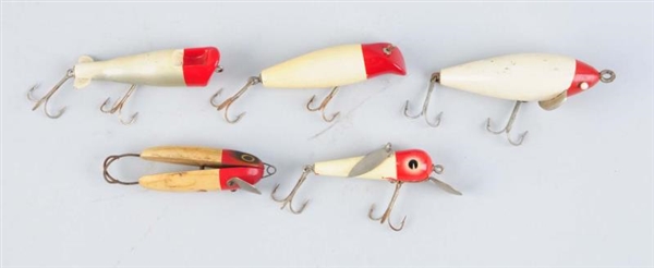 LOT OF 5: LARGE WHITE AND RED FISHING LURES.      