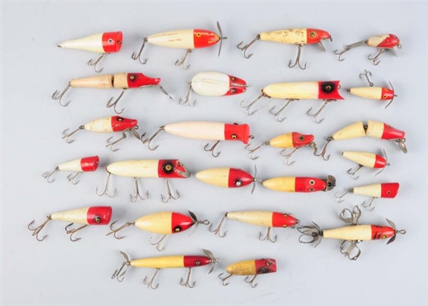 LARGE LOT OF WOODEN RED AND WHITE FISHING BAITS.  