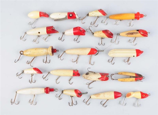LARGE LOT OF WOODEN RED AND WHITE FISHING LURES   