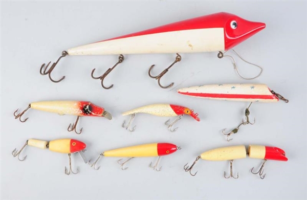 LOT OF 7: LARGE WHITE AND RED FISHING LURES       