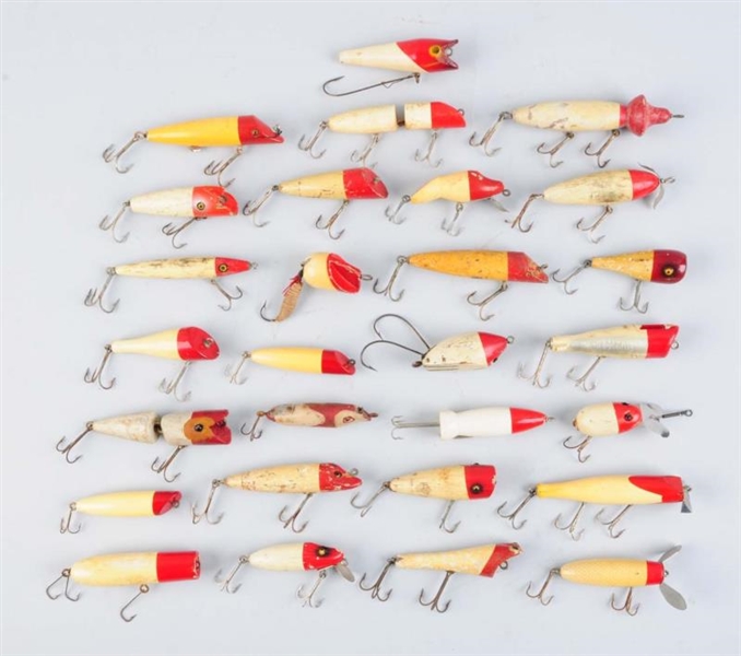LARGE LOT OF WHITE AND RED FISHING LURES          