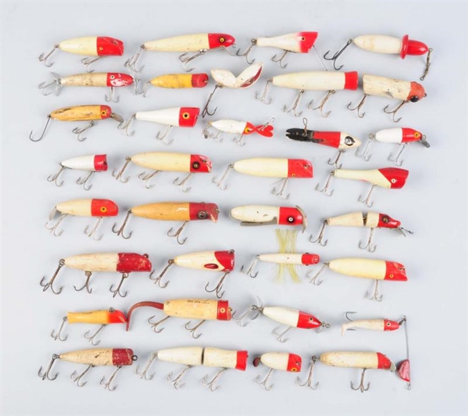 LARGE LOT OF WHITE AND RED FISHING LURES          