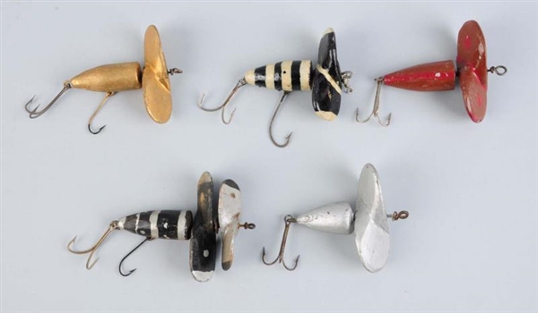 LOT OF 5: FRANK BROWN TYPE ROTARY HEAD BAITS.     