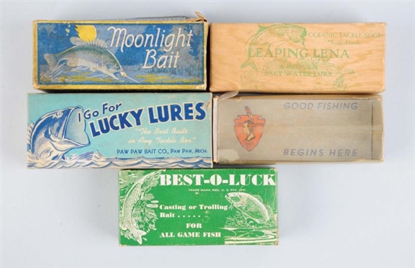 LOT OF 5:  ASSORTED EMPTY FISHING LURE BOXES.     