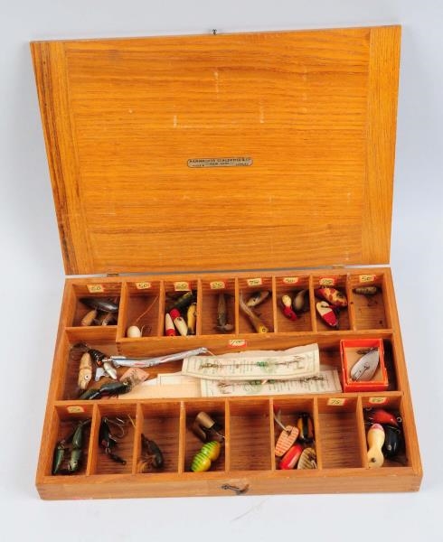 WOODEN CASE WITH FISHING BAITS.                   