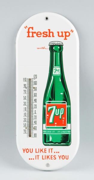 1950S PORCELAIN 7-UP THERMOMETER.                 