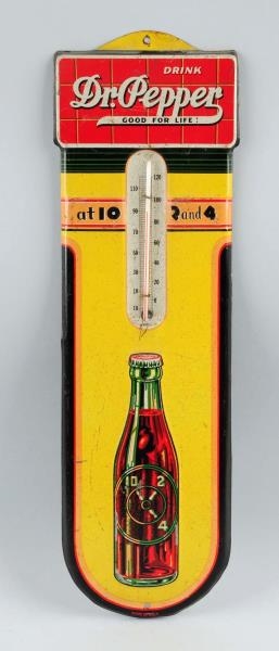 1939 DR. PEPPER EMBOSSED TIN THERMOMETER.         