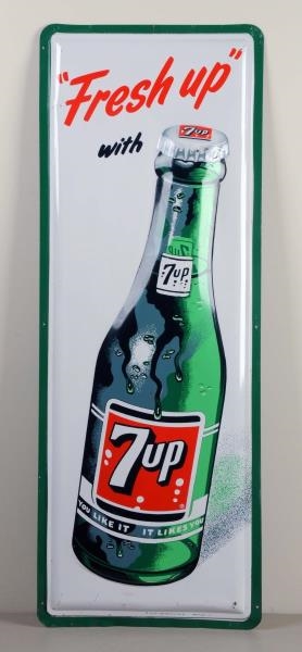 1960 HEAVILY EMBOSSED 7-UP TIN SIGN.              