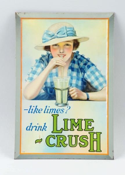 1920S-30S LIME-CRUSH TIN OVER CARDBOARD SIGN.     