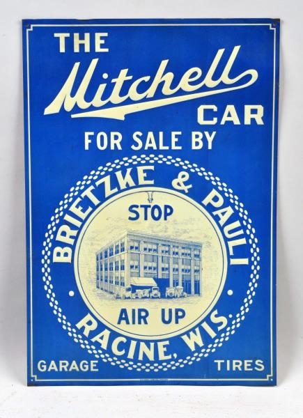 THE MITCHELL CAR SINGLE SIDED TIN EMBOSSED SIGN.  