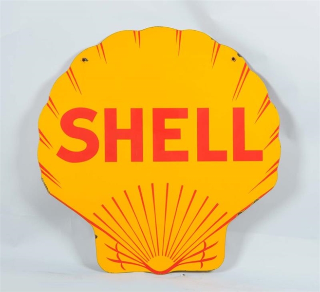 SHELL DOUBLE SIDED PORCELAIN SHELL-SHAPED SIGN.   