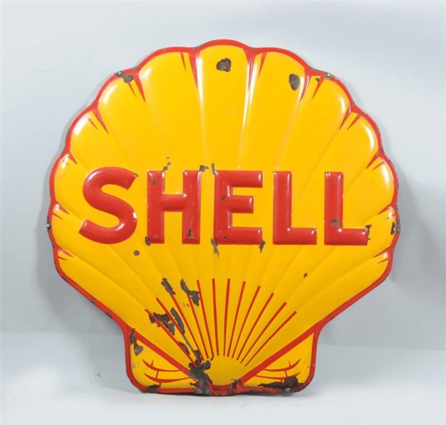 SHELL SINGLE SIDED PORCELAIN EMBOSSED DIECUT SIGN.