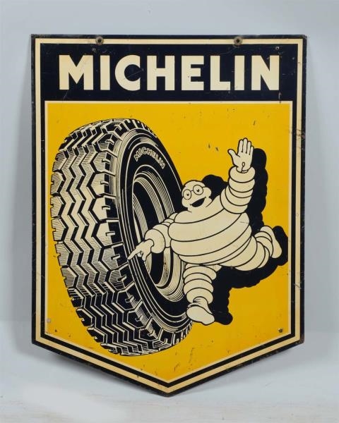 MICHELIN WITH BIBENDUM DOUBLE SIDED TIN SIGN.     
