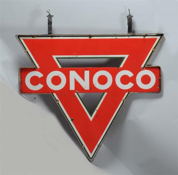 CONOCO DOUBLE SIDED PORCELAIN SIGN IN METAL HANGER