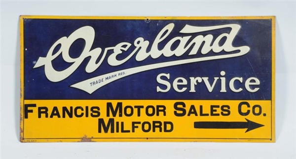 OVERLAND SERVICE SINGLE SIDED TIN EMBOSSED SIGN.  