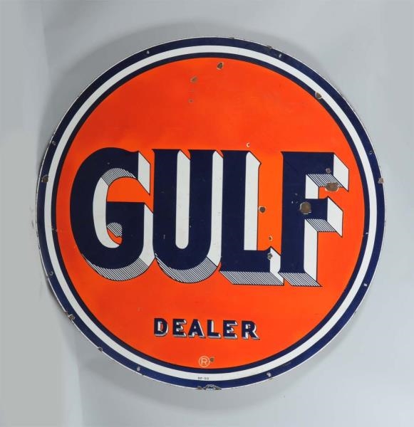 GULF DEALER DOUBLE SIDED PORCELAIN ID SIGN.       