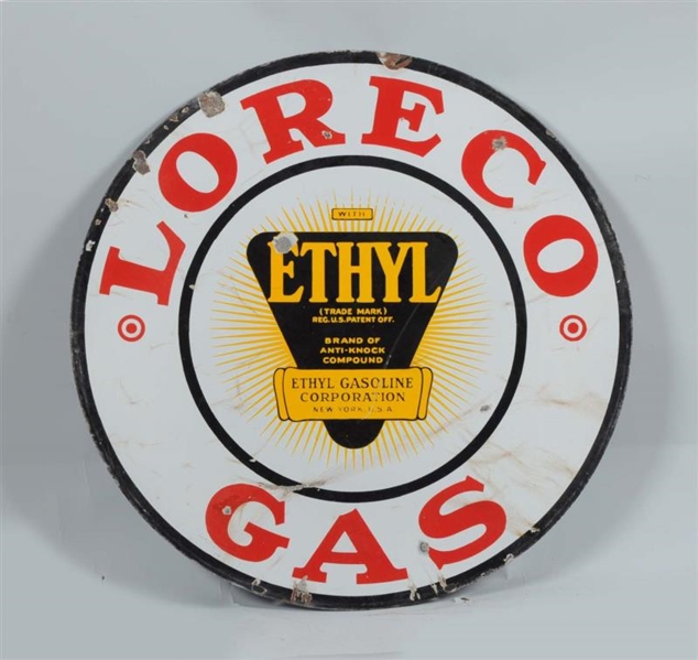 LORECO GAS DOUBLE SIDED PORCELAIN SIGN.           