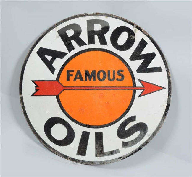 ARROW FAMOUS OILS DOUBLE SIDED PORCELAIN SIGN.    