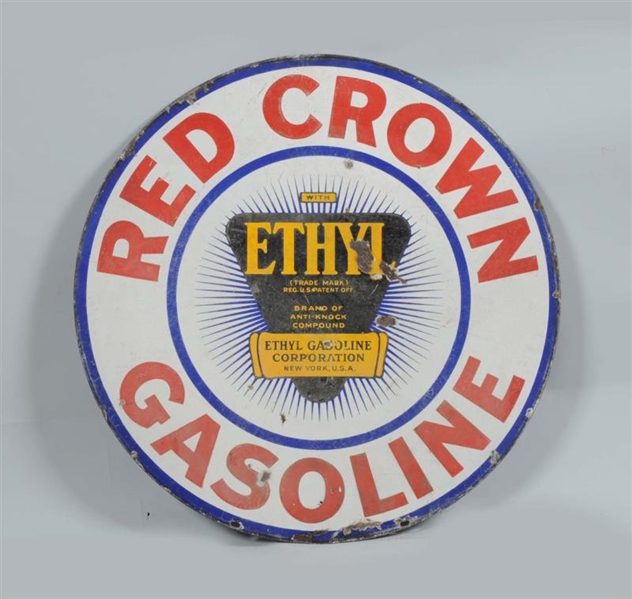 RED CROWN GASOLINE DOUBLE SIDED PORCELAIN SIGN.   