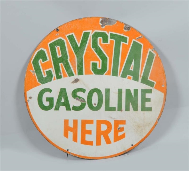 CRYSTAL GASOLINE HERE DOUBLE SIDED PORCELAIN SIGN.
