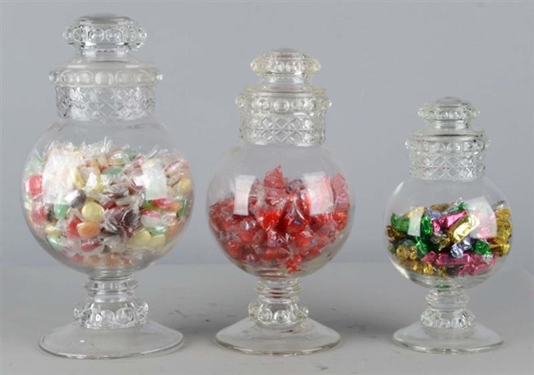 LOT OF 3: GLASS COUNTERTOP CANDY DISPLAY JARS     