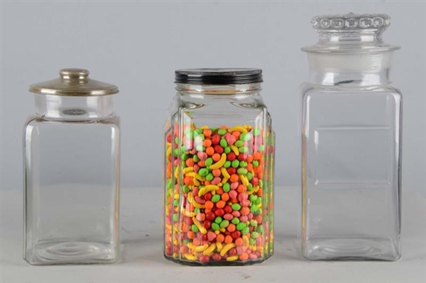 LOT OF 3: GLASS COUNTERTOP CANDY DISPLAY JARS     