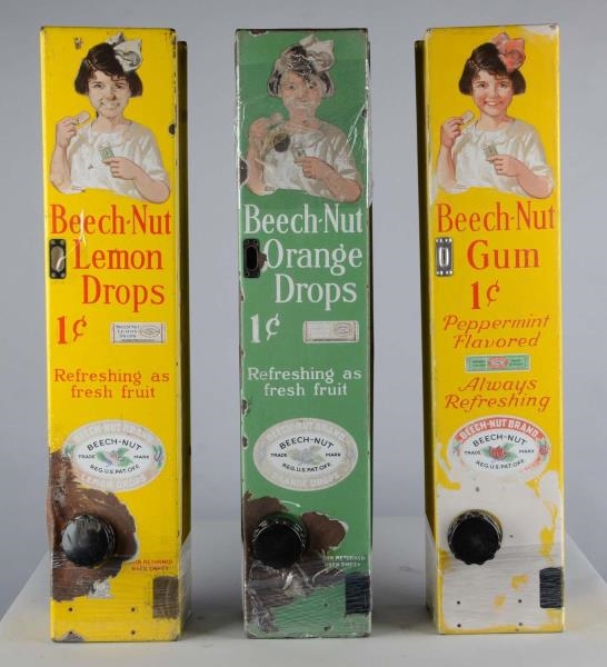 LOT OF 3: EARLY 1¢ BEECH-NUT GUM AND DROPS VENDORS