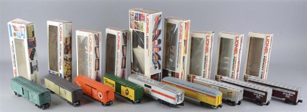 LOT OF 9 LIONEL TRAIN CARS, ENGINE IN BOXES       