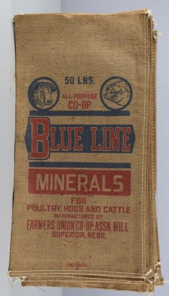 LOT OF 12: BLUE LINE MINERALS BURLAP FEED BAGS    