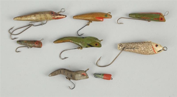 LOT OF 8:  WOODEN, HAND CARVED BAITS.             